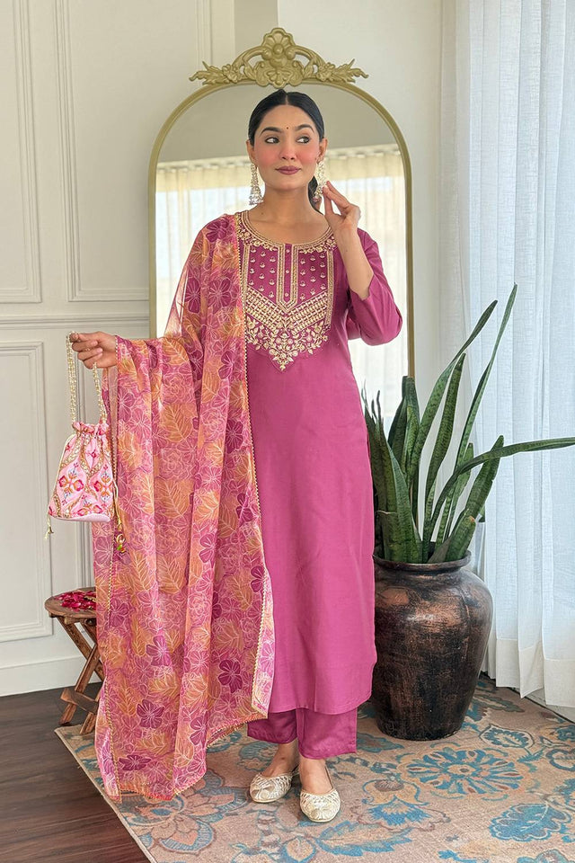 Pink Embroidered Rayon Kurti Pant Set