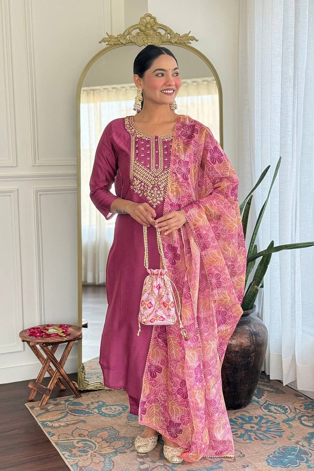 Pink Embroidered Rayon Kurti Pant Set