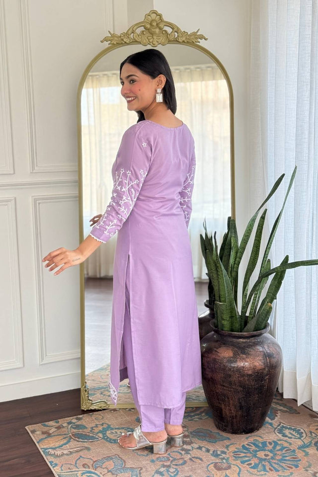 Lavender Floral Embroidered Rayon Straight Cut Suit Set