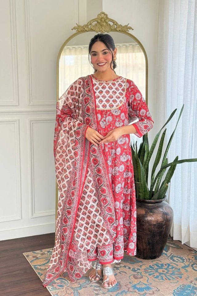 Maroon Floral Printed Rayon Anarkali Suit Set