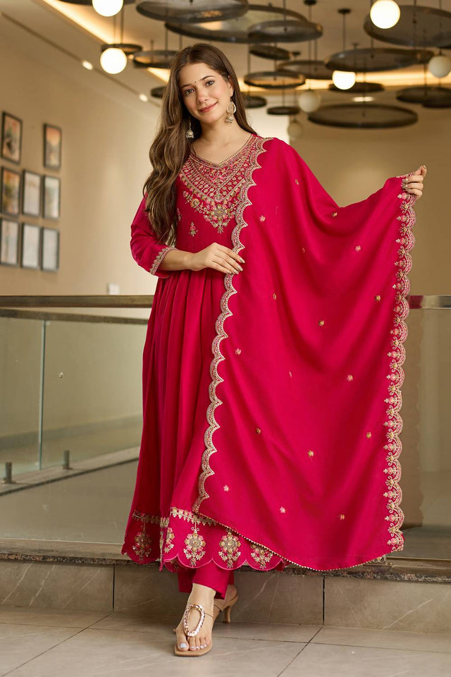 Magenta Floral Embroidered Silk Anarkali Suit Set