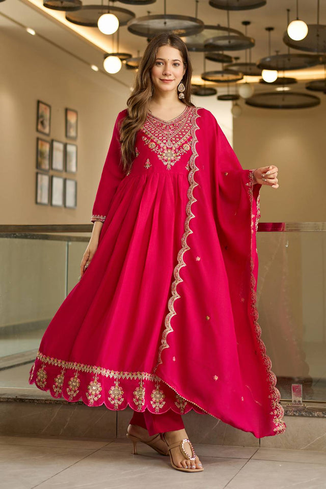 Magenta Floral Embroidered Silk Anarkali Suit Set