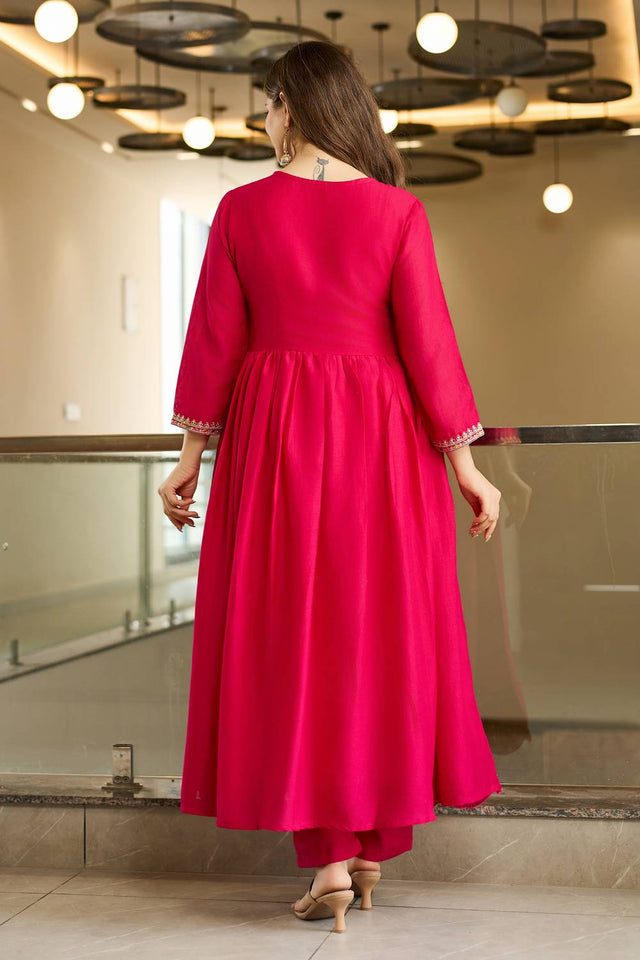 Magenta Floral Embroidered Silk Anarkali Suit Set