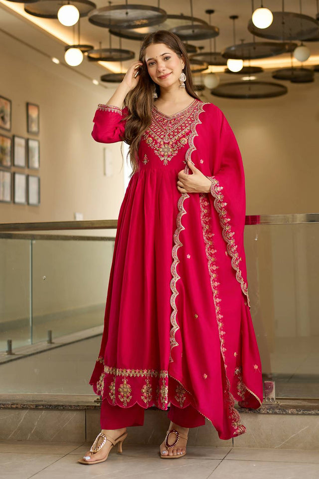 Magenta Floral Embroidered Silk Anarkali Suit Set