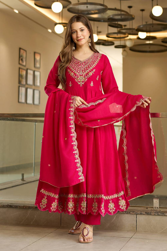 Magenta Floral Embroidered Silk Anarkali Suit Set