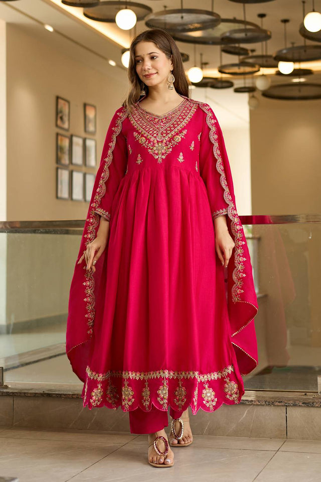 Magenta Floral Embroidered Silk Anarkali Suit Set
