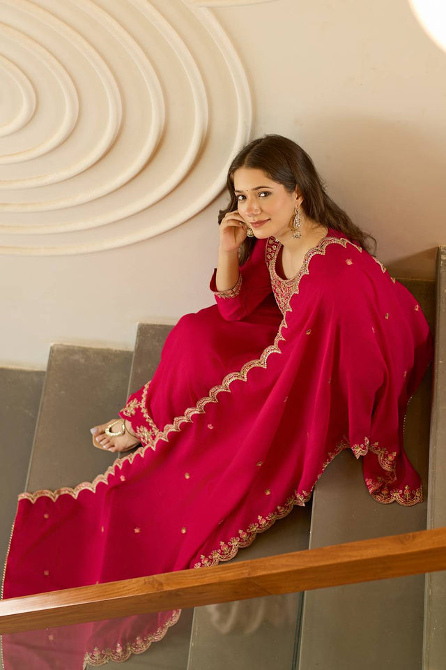 Magenta Floral Embroidered Silk Anarkali Suit Set
