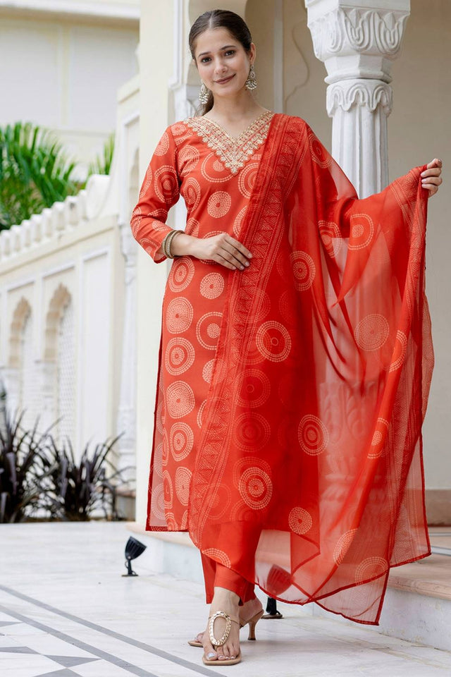 Orange Bandhani Printed Rayon Straight Cut Suit Set