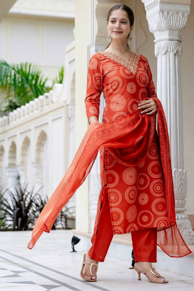 Orange Bandhani Printed Rayon Straight Cut Suit Set