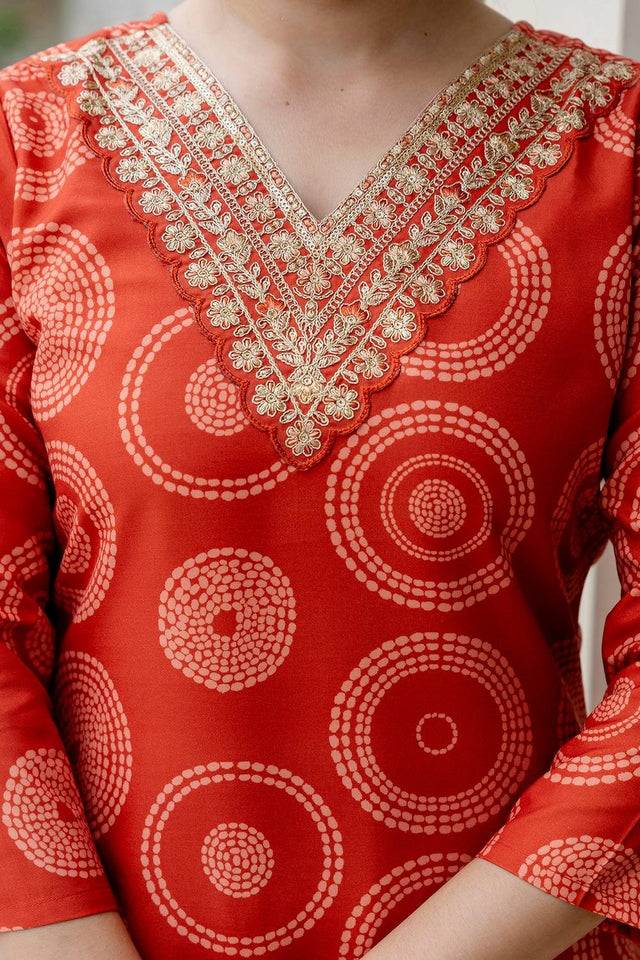 Orange Bandhani Printed Rayon Straight Cut Suit Set