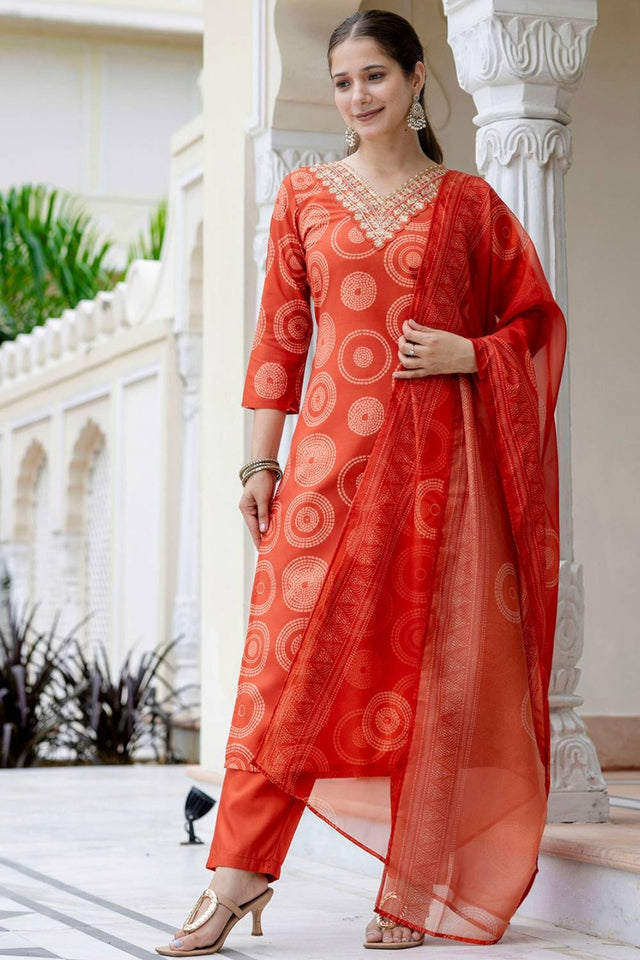 Orange Bandhani Printed Rayon Straight Cut Suit Set