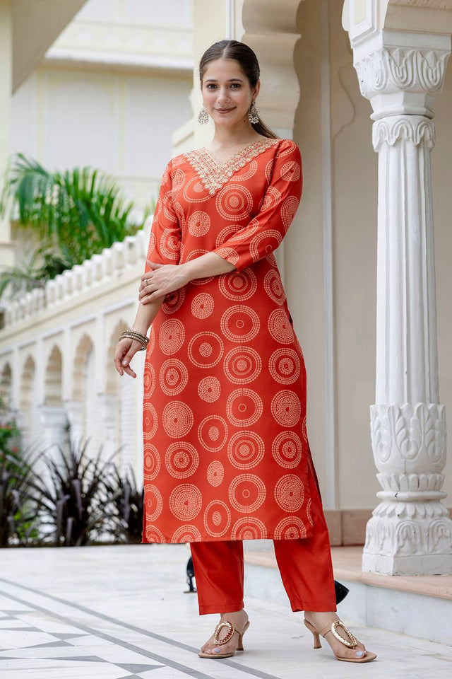 Orange Bandhani Printed Rayon Straight Cut Suit Set