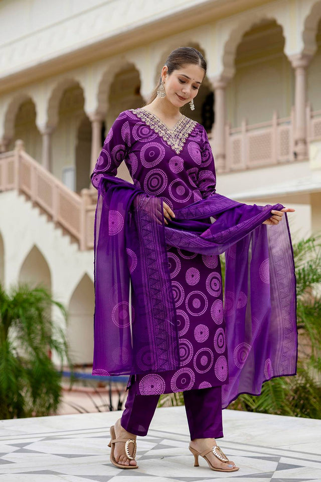 Violet Bandhani Printed Rayon Straight Cut Suit Set