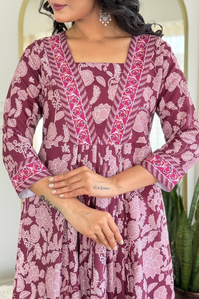 Maroon Floral Embroidered Rayon Anarkali Suit Set