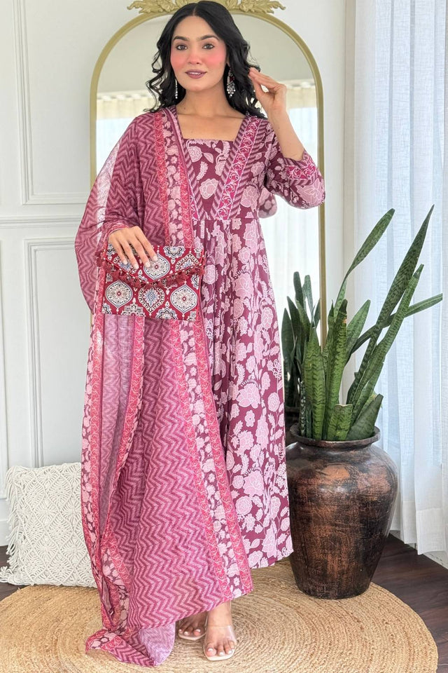 Maroon Floral Embroidered Rayon Anarkali Suit Set