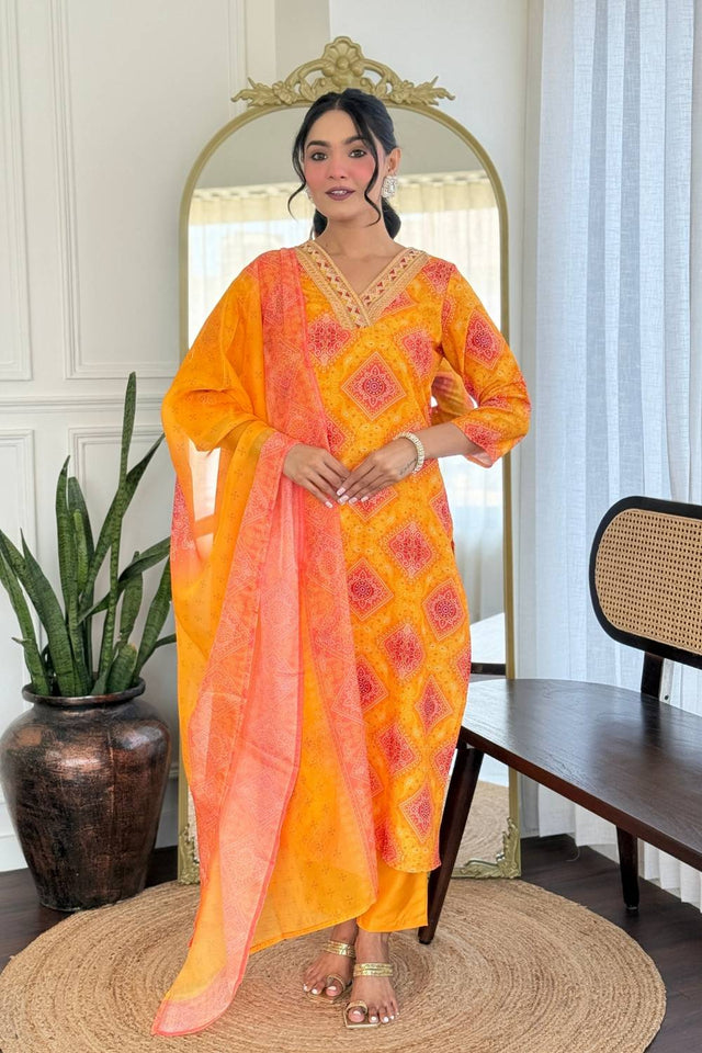 Yellow Bandhani Printed Rayon Straight Cut Suit Set