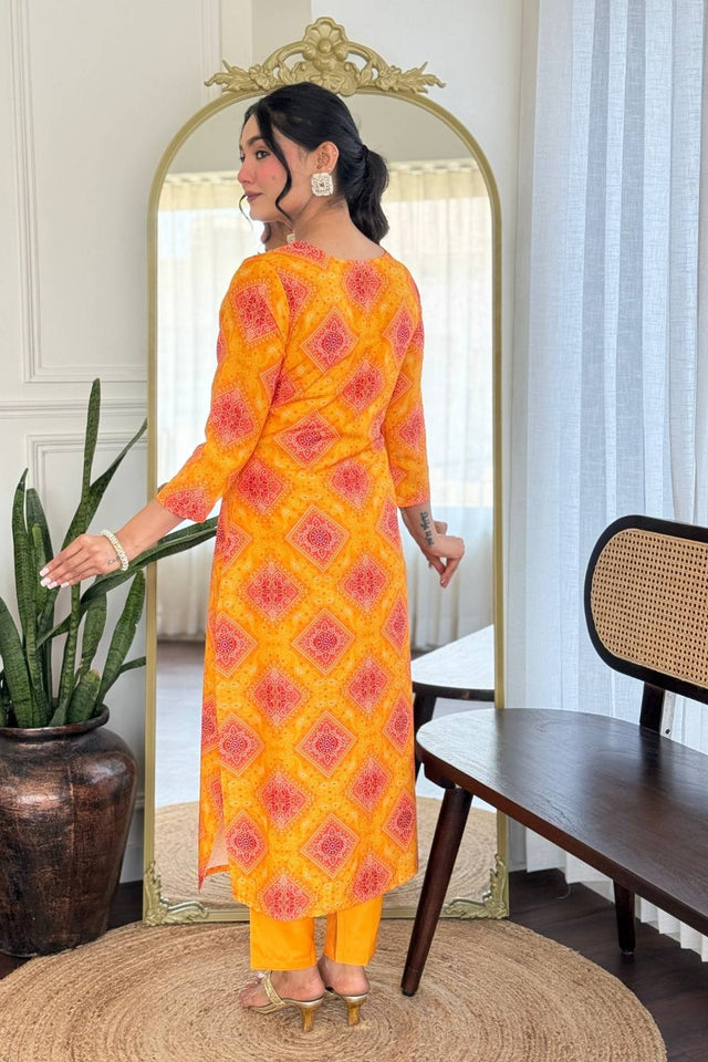 Yellow Bandhani Printed Rayon Straight Cut Suit Set