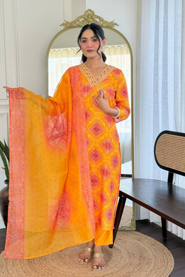 Yellow Bandhani Printed Rayon Straight Cut Suit Set