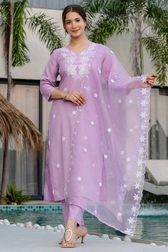Lavender Floral Embroidered Rayon Kurti Pant Set