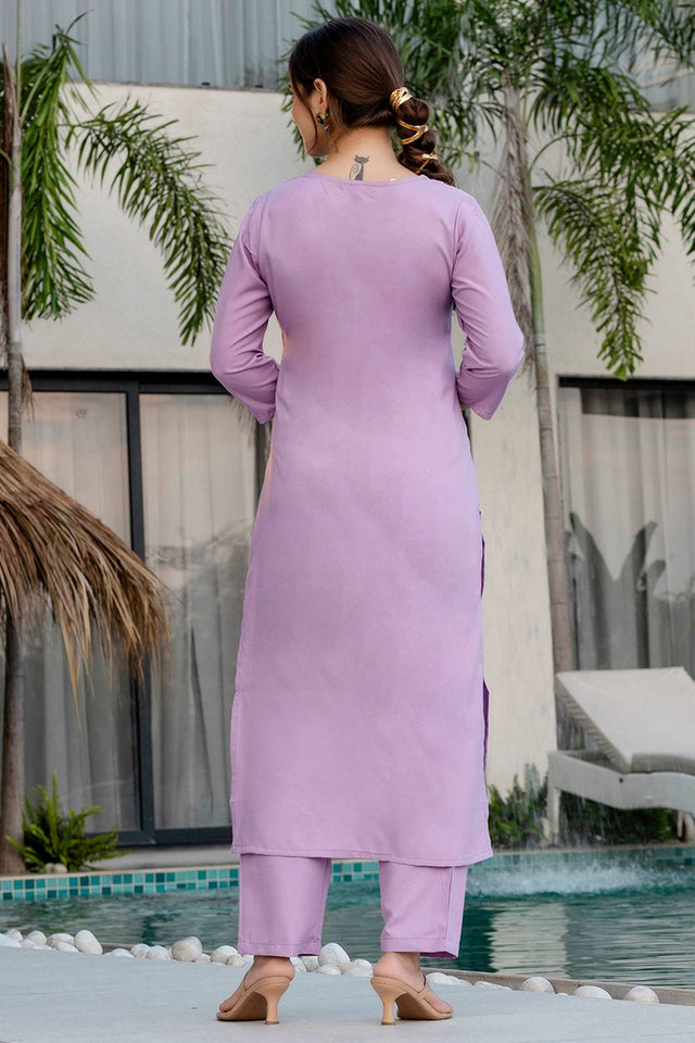 Lavender Floral Embroidered Rayon Straight Cut Suit Set