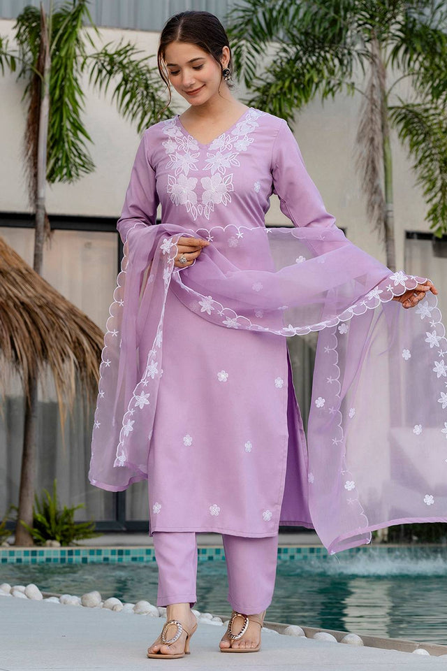 Lavender Floral Embroidered Rayon Straight Cut Suit Set