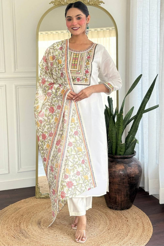 Cream Floral Printed Rayon Straight Cut Suit Set