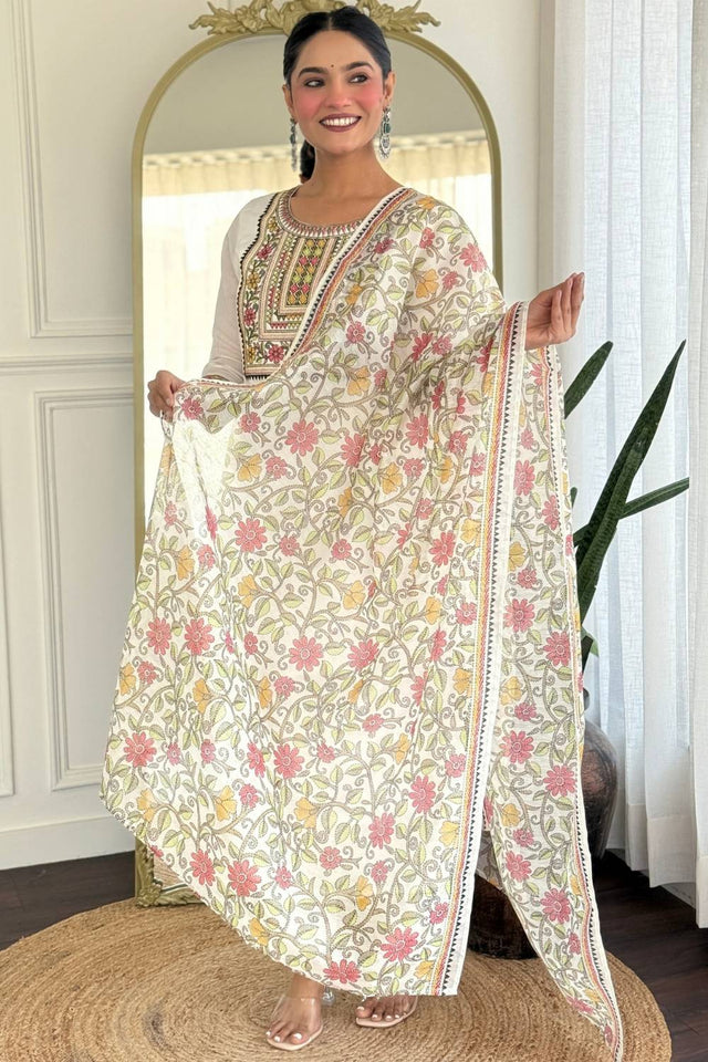 Cream Floral Printed Rayon Straight Cut Suit Set