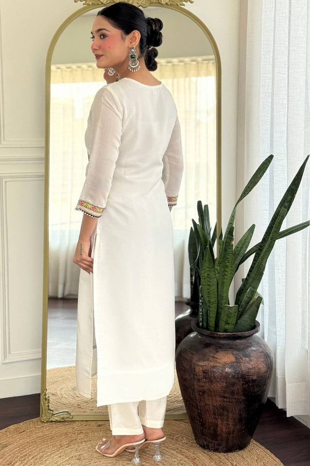 Cream Floral Printed Rayon Straight Cut Suit Set