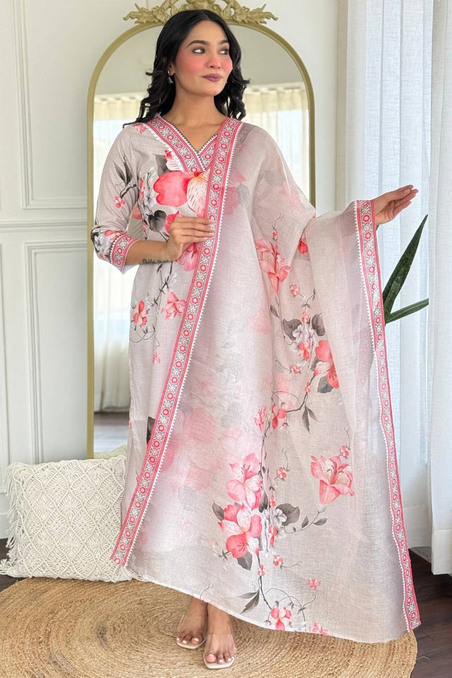 Cream Floral Printed Rayon Straight Cut Suit Set