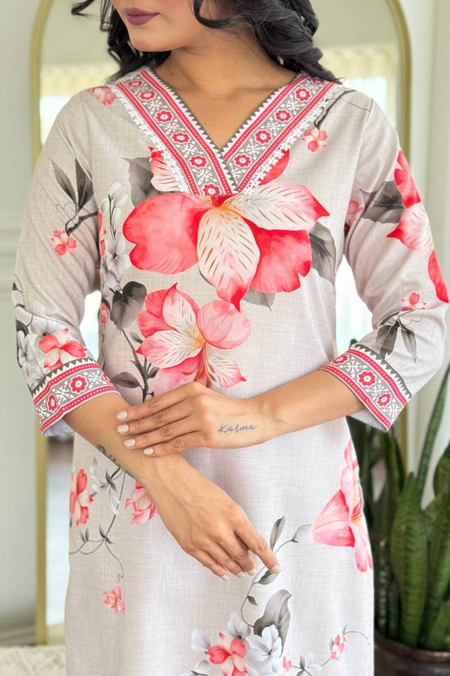 Cream Floral Printed Rayon Straight Cut Suit Set