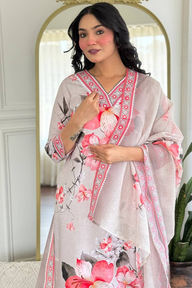 Cream Floral Printed Rayon Straight Cut Suit Set