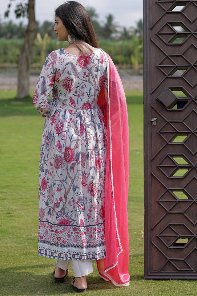 Cream Floral Printed Rayon Anarkali Suit Set