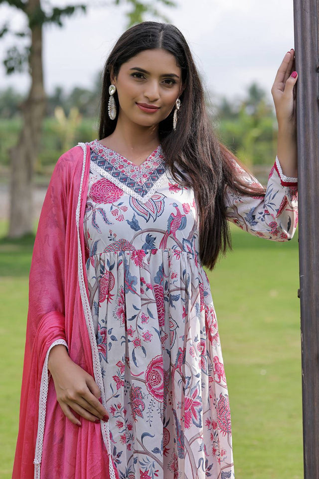 Cream Floral Printed Rayon Anarkali Suit Set