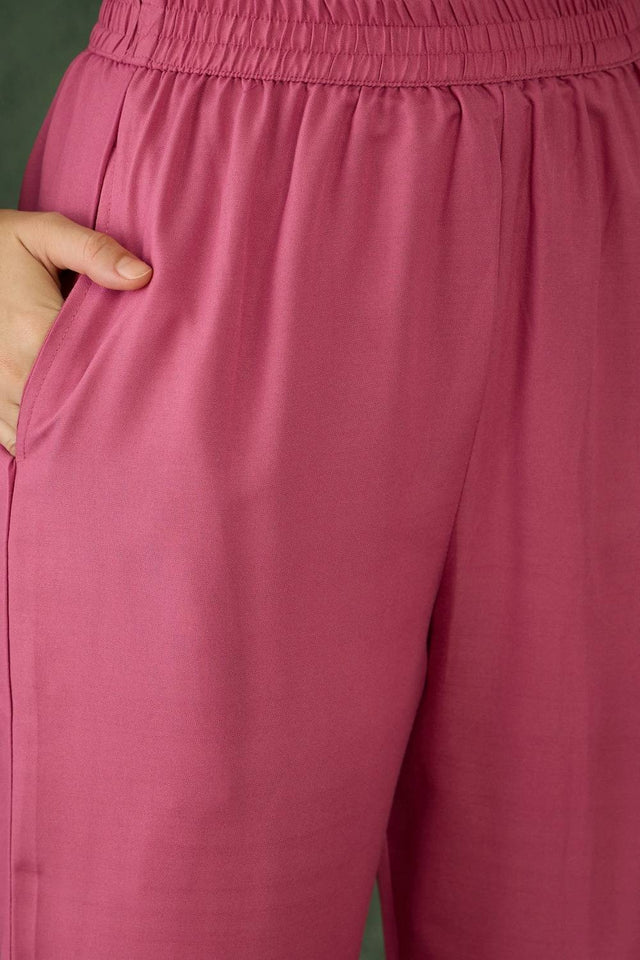 Pink Floral Embroidered Chanderi Kurti Pant Set