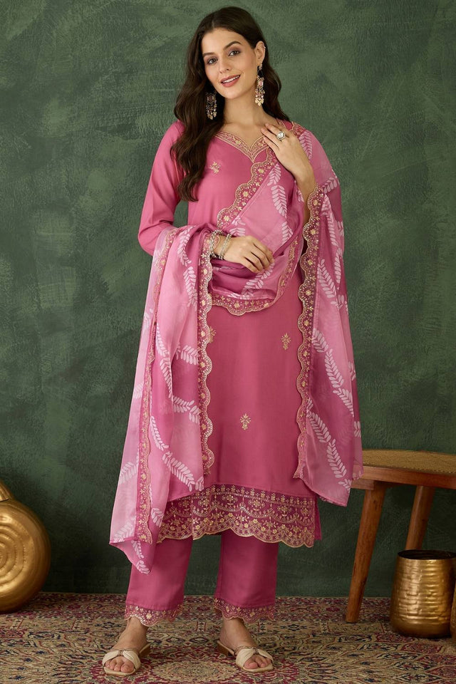 Pink Floral Embroidered Chanderi Kurti Pant Set