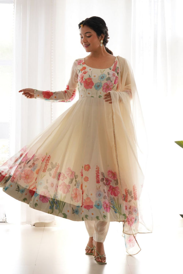Cream Floral Printed Silk Anarkali Suit (NKB-25-CREAM)