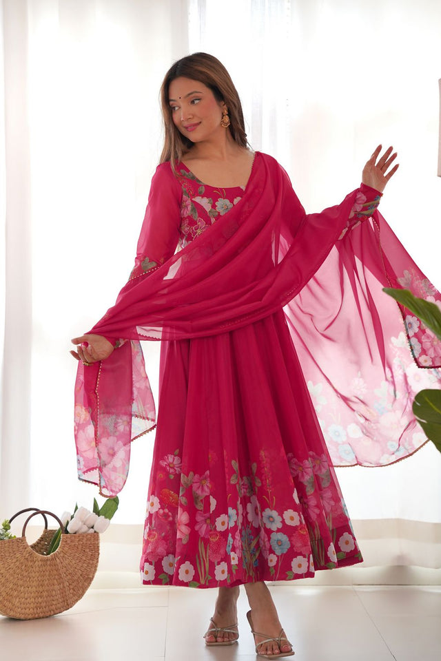 Pink Floral Printed Silk Anarkali Suit (NKB-25-PINK)