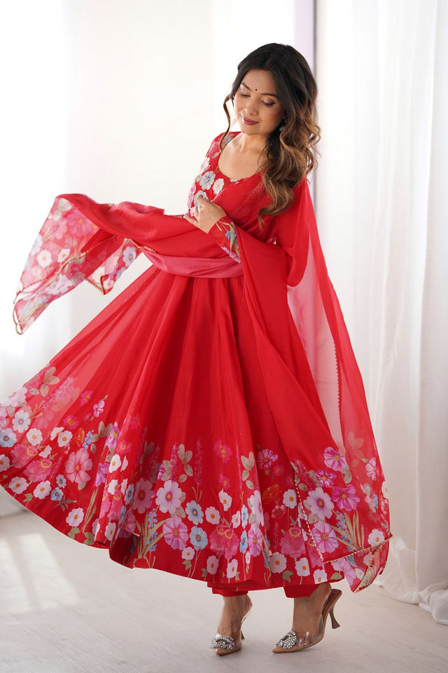 Red Floral Printed Silk Anarkali Suit (NKB-25-RED)