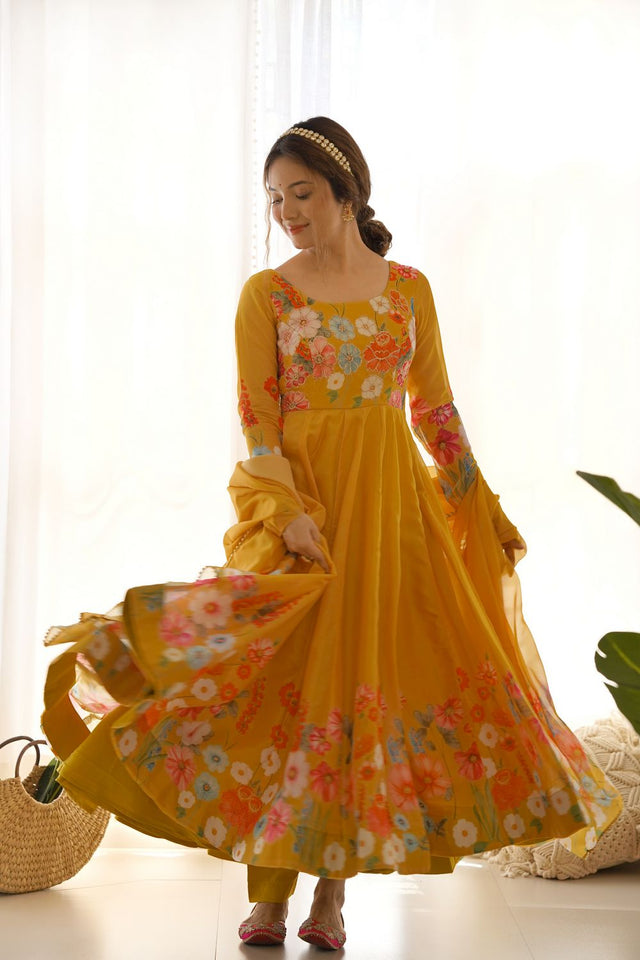 Yellow Floral Printed Silk Anarkali Suit (NKB-25-YELLOW)
