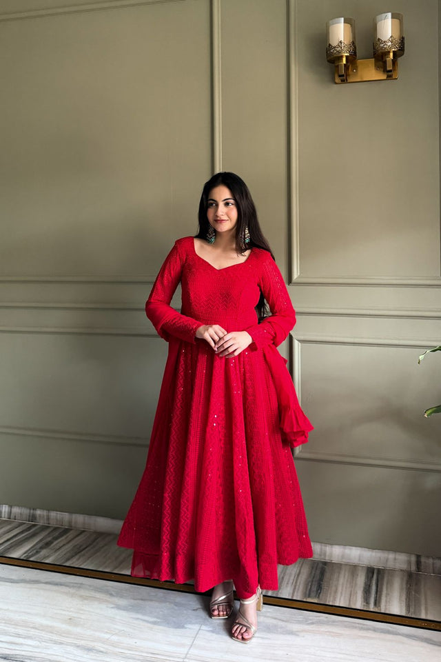 Red Embroidered Georgette Anarkali Suit (NKB-76-Red)