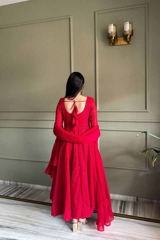 Red Embroidered Georgette Anarkali Suit (NKB-76-Red)