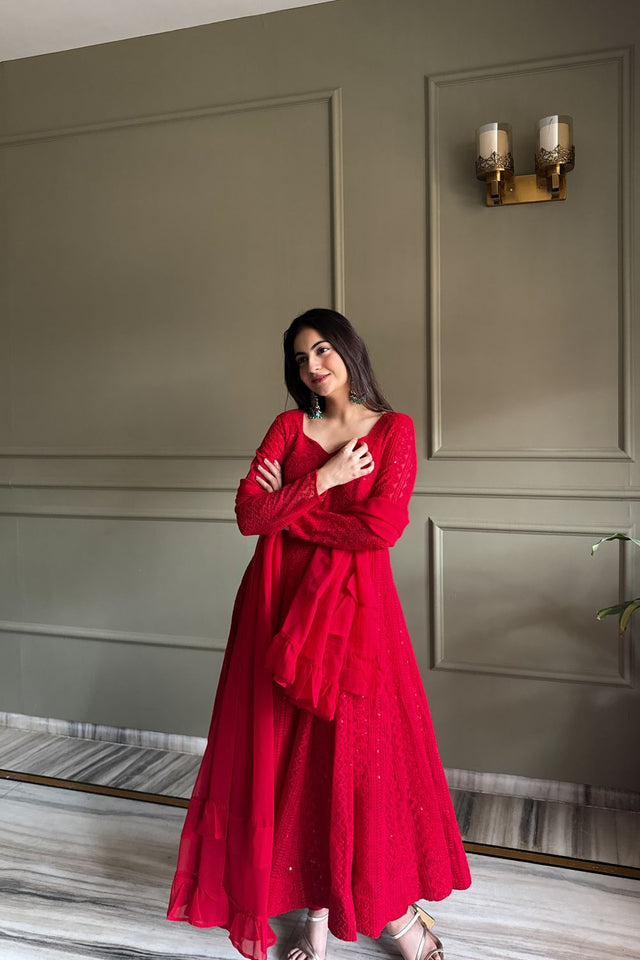 Red Embroidered Georgette Anarkali Suit (NKB-76-Red)