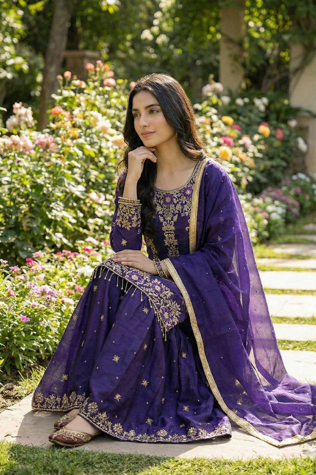 Blue Sequin with Embroidered Silk Sharara Suits