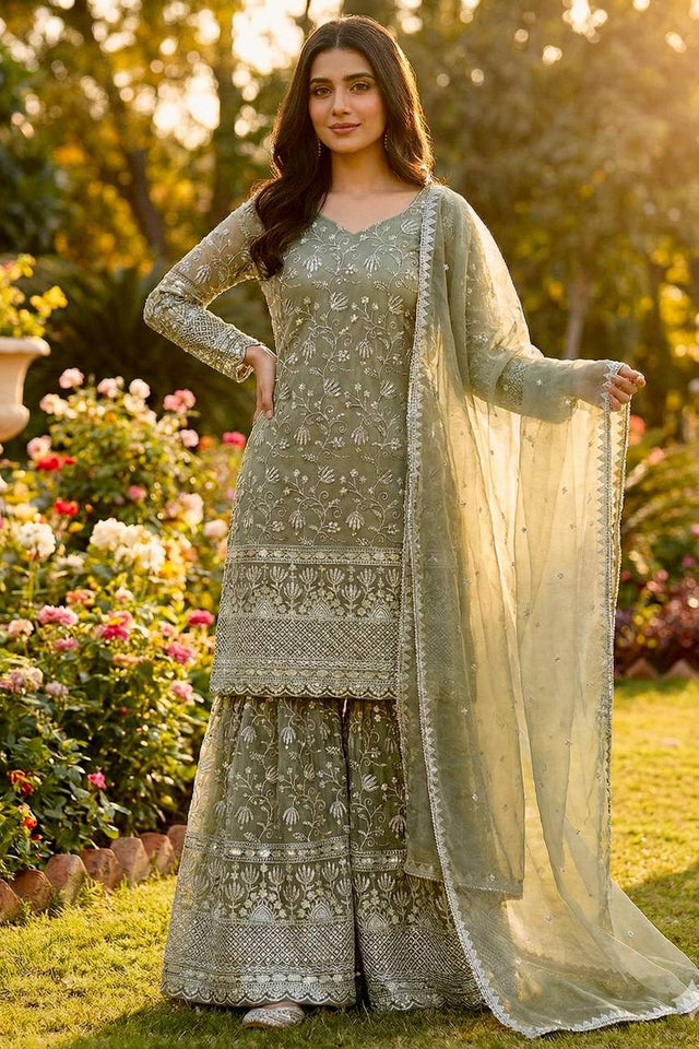 Olive Green Floral Embroidered Silk Sharara Suits