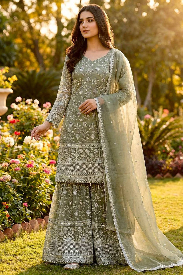 Olive Green Floral Embroidered Silk Sharara Suits