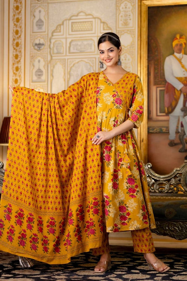 Yellow Floral Printed Cotton Anarkali Suits (NYS-151267-Yellow)
