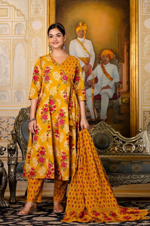 Yellow Floral Printed Cotton Anarkali Suits (NYS-151267-Yellow)
