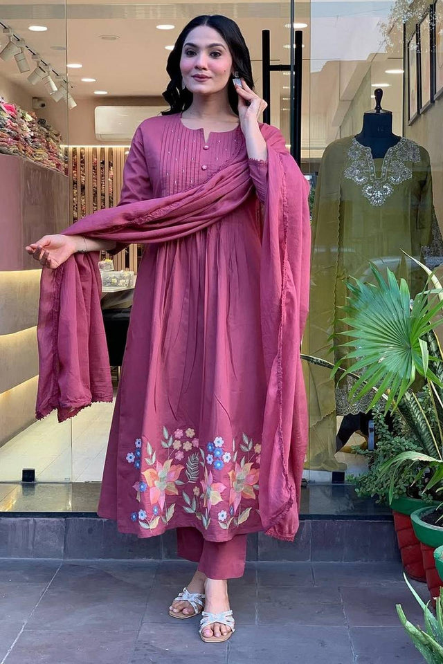 Lavender Floral Embroidered Cotton Anarkali Suits (NYS-151270-Lilac)