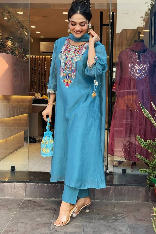 Blue Embroidered Chanderi Kurti Pant Set (NYS-151272-Blue)
