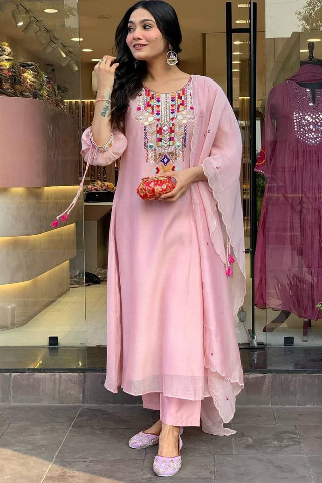 Pink Embroidered Chanderi Kurti Pant Set (NYS-151272-Pink)